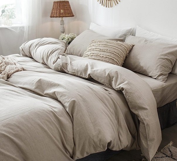 Bedding Duvet Cover Set 100% Washed Cotton Linen Like Textured Breathable Durable Soft Comfy (Tannish Linen Grey, Queen)
