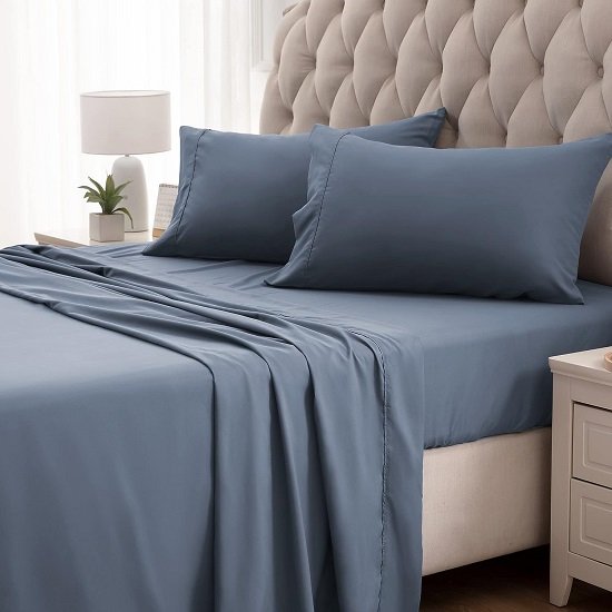 Super Soft Cooling Queen Bed Sheets Set 4 Piece - Easy Care Fitted Flat Sheet & Pillowcase Sets - Wrinkle Free, Fade Resistant, Deep Pocket 16" (Flint Blue, Queen)