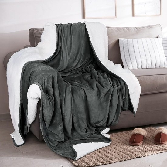 Blanket Queen Size [Grey, 90x90 Inches] Thick Warm Plush Fleece Reversible Blanket for Bed, Sofa, Couch, Camping and Travel