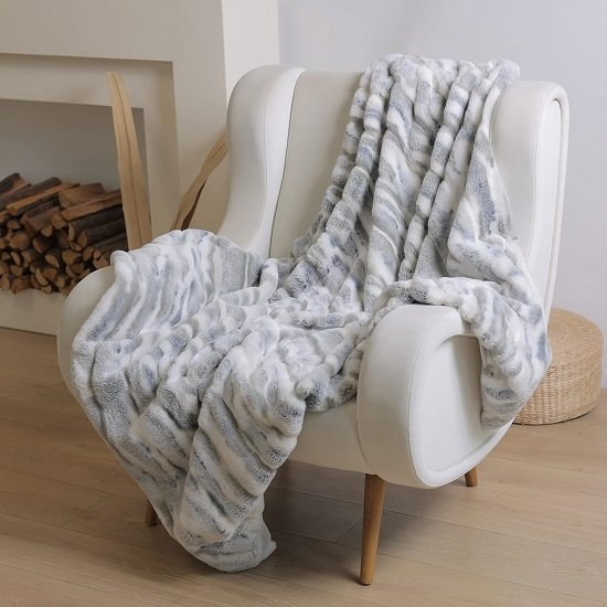 Plush Faux Fur Throw Blanket with Marble Pattern Print, Warm and Cream Fuzzy Blanket, Decorative Blanket for Couch Sofa Chair Bed Living Room, 50" X 60", Blue