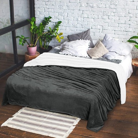 Blanket Queen Size [Grey, 90x90 Inches] Thick Warm Plush Fleece Reversible Blanket for Bed, Sofa, Couch, Camping and Travel