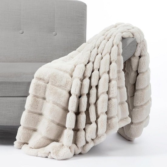 Faux Fur Throw Blanket for Couch, Cozy Warm Plush Striped Blanket for Sofa Bedroom Living Room, 50 * 60 Inches Beige